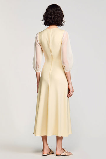A Line Light Yellow V Neck Long Wedding Guest Dress